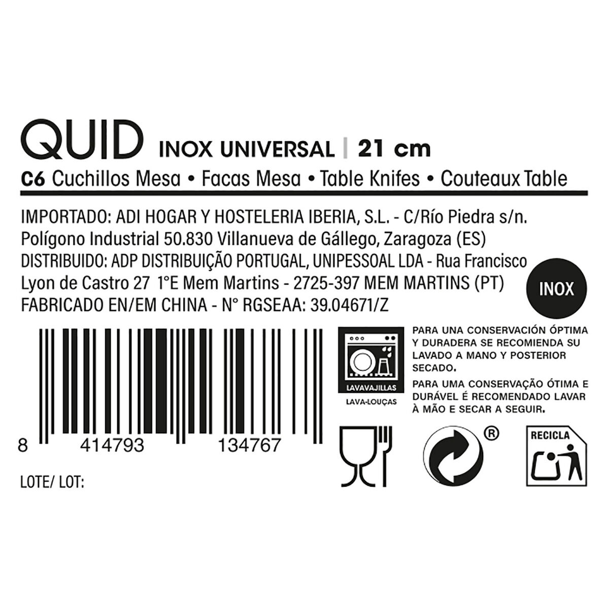 Knife Set Quid Inox Universal Metal (6 Units)