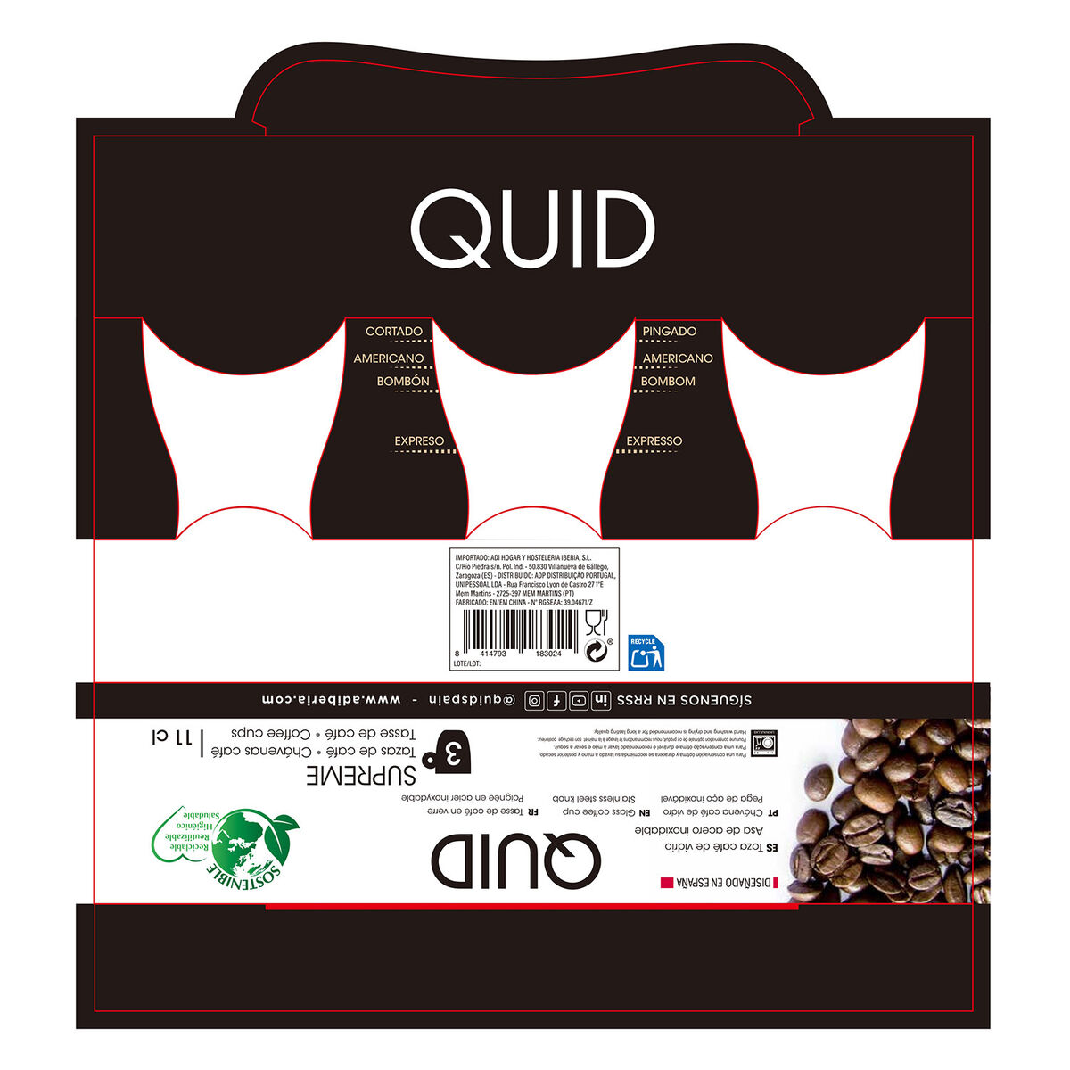 Piece Coffee Cup Set Quid Supreme Transparent Glass Steel 110 ml 3 Pieces