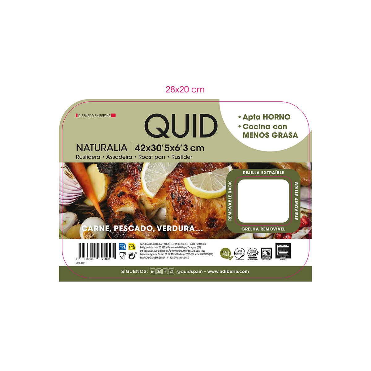 Roasting Tin Quid Naturalia Green Metal 42 x 30,5 x 6,3 cm Grille