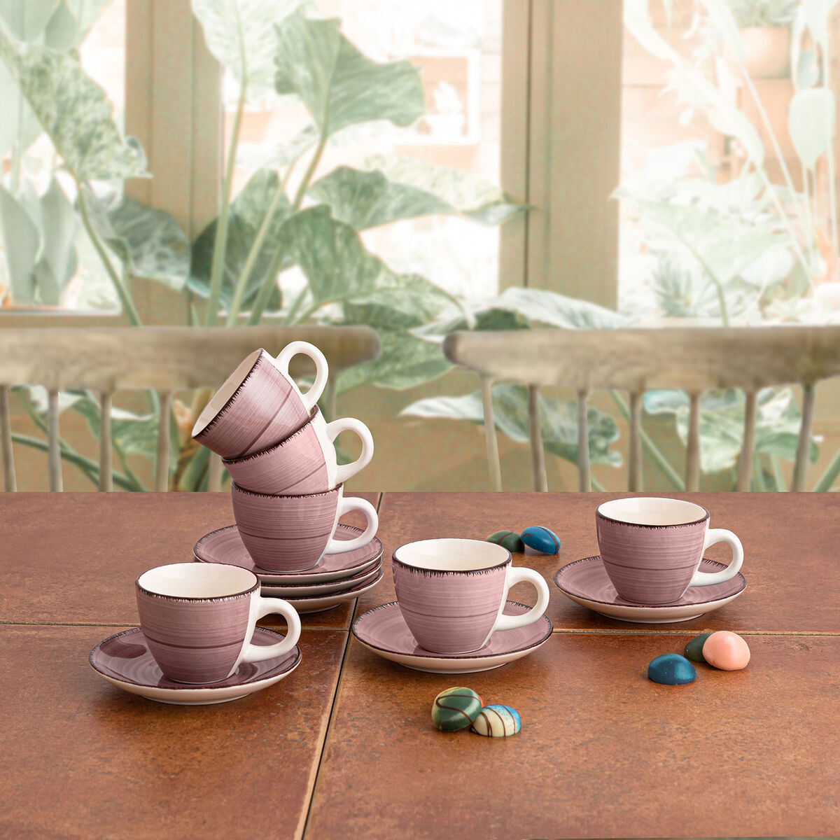 Cup with Plate Quid Vita Morning Pink Ceramic 90 ml (6 Units)