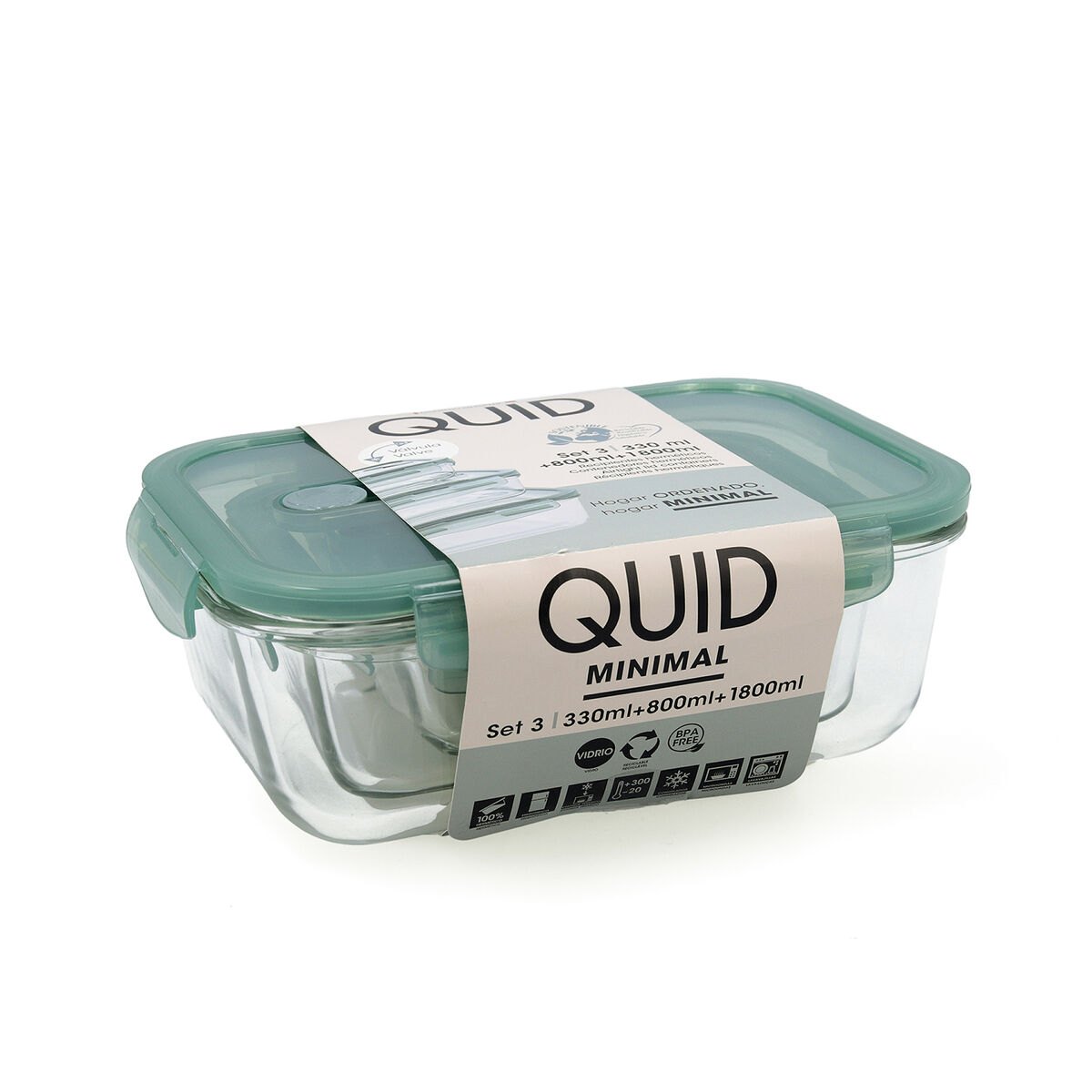 Set of lunch boxes Quid Minimal Green Glass 330 ml 800 ml 1,8 L 3 Pieces