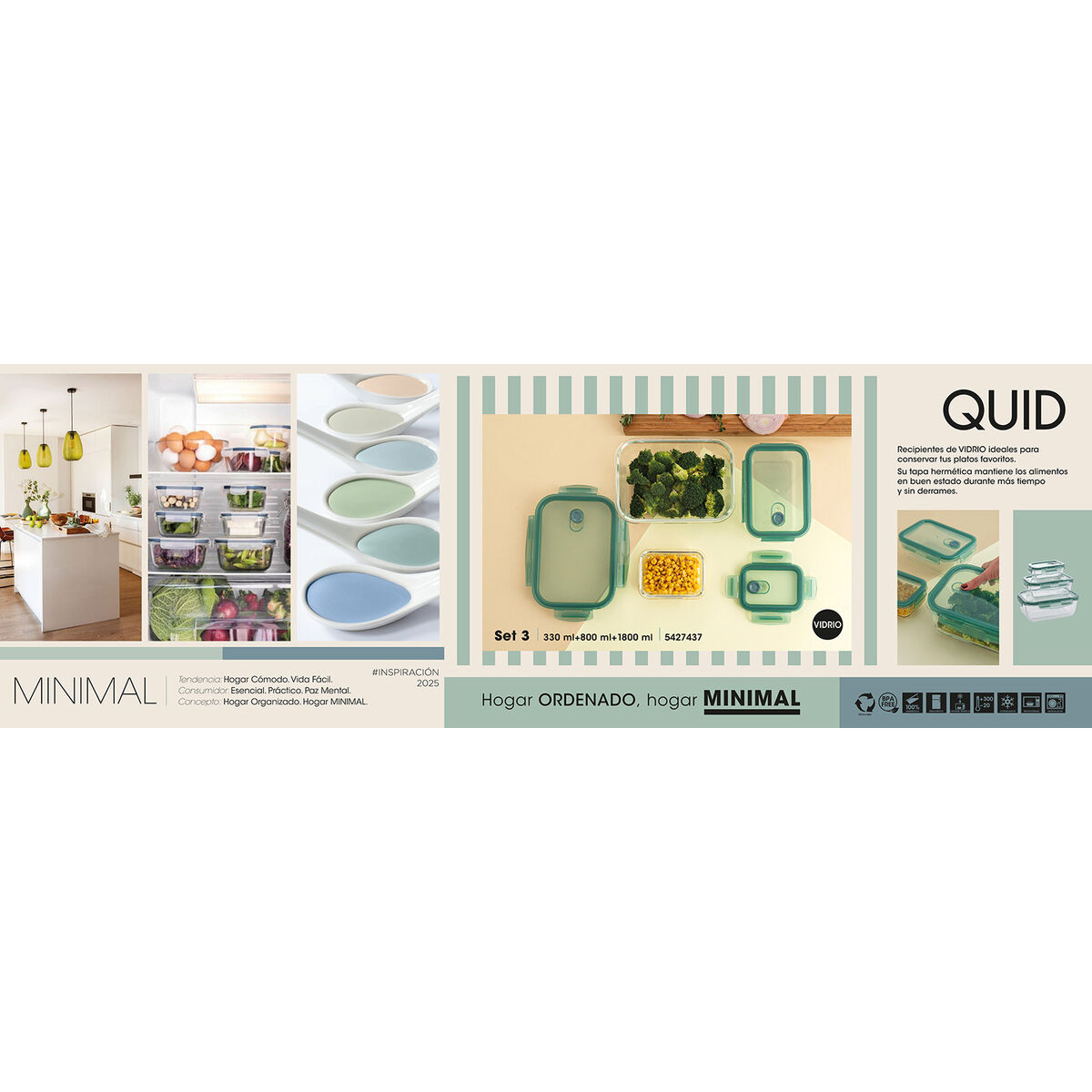 Set of lunch boxes Quid Minimal Green Glass 330 ml 800 ml 1,8 L 3 Pieces