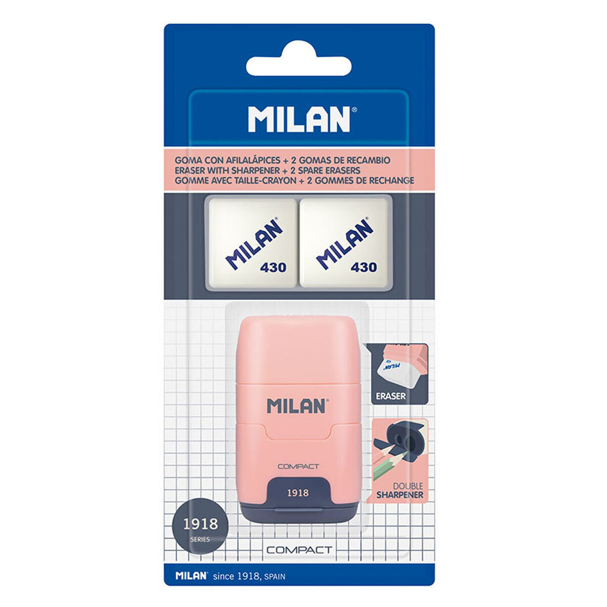 Eraser and Pencil Sharpener Set Milan Afilaborra Compact Serie 1918 Double Pink Eraser and Pencil Sharpener Set Milan Afilaborra Compact Serie 1918 Double Pink