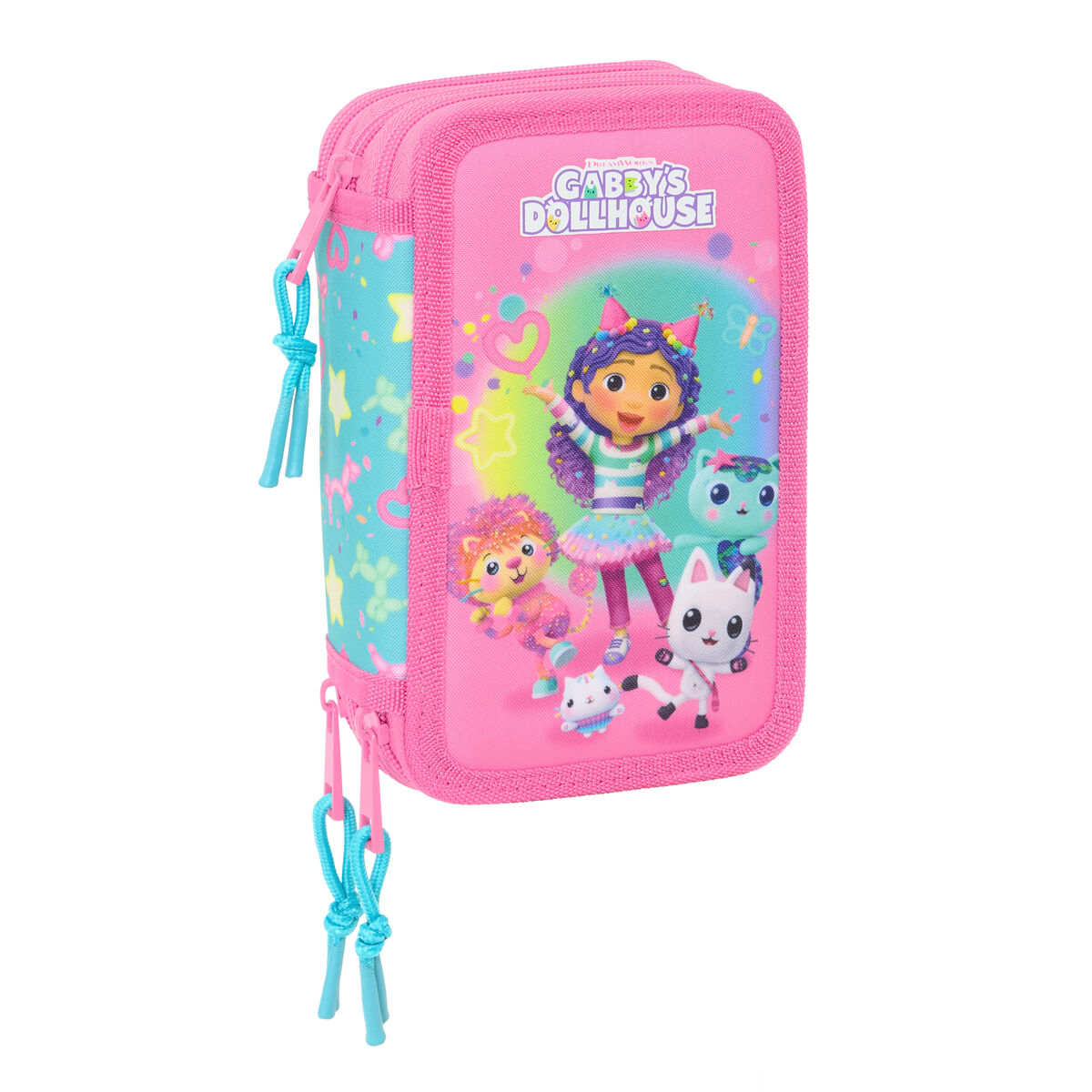 Triple Pencil Case Gabby’s Dollhouse Confetti Pink Turquoise 12,5 x 19,5 x 5,5 cm 37 Pieces