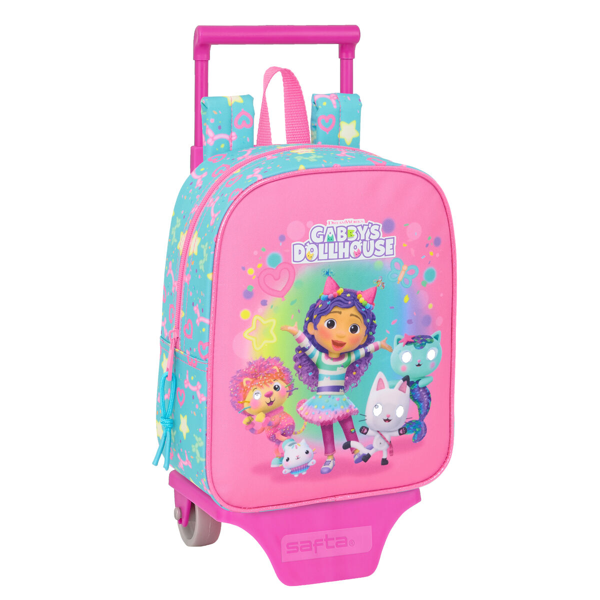 School Rucksack with Wheels Gabby’s Dollhouse Confetti Pink Turquoise 22 x 27 x 10 cm