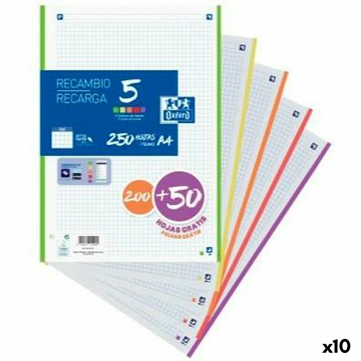 Replacement Oxford Multicolour A4 250 Sheets (10 Units) Replacement Oxford Multicolour A4 250 Sheets (10 Units)