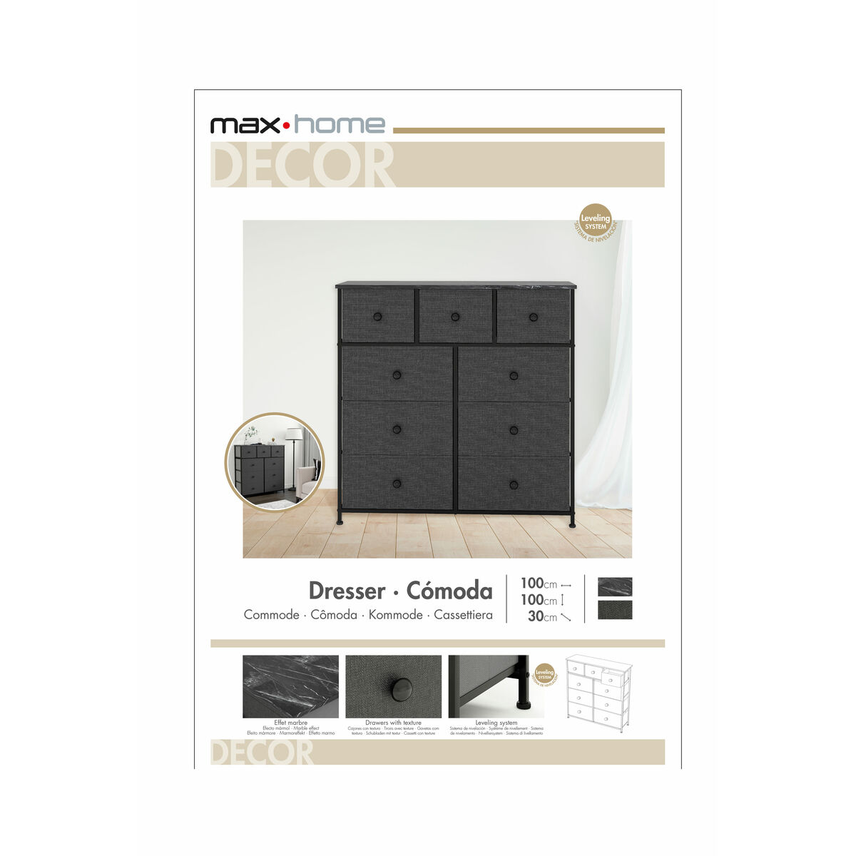 Chest of drawers Max Home Black Grey Marble 100 x 100 x 30 cm