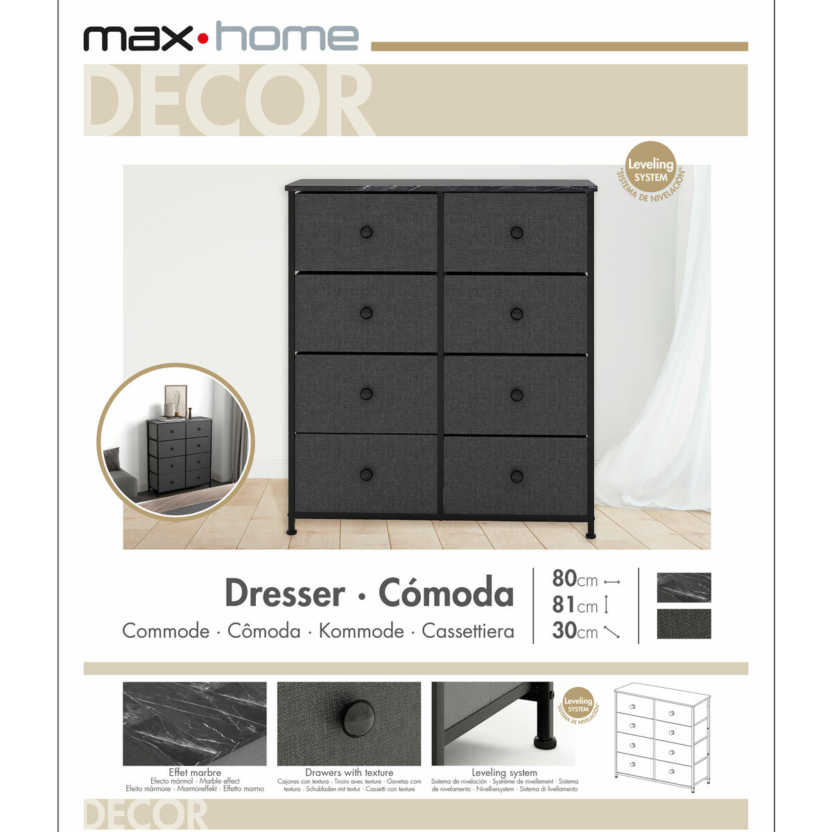Chest of drawers Max Home Grey Marble 80 x 81 x 30 cm