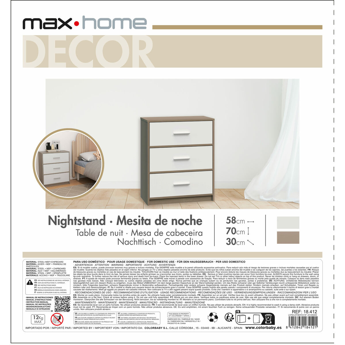 Nightstand Max Home White Grey 58 x 70 x 30 cm