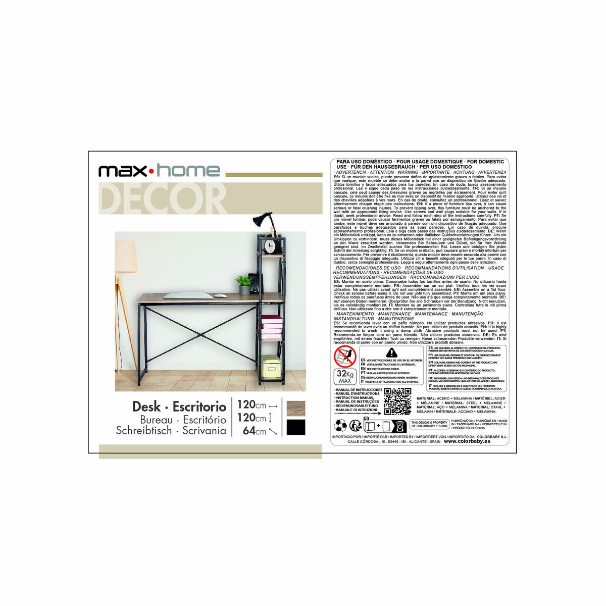 Desk with Shelf Max Home Steel Melamin Particleboard 120 x 12 x 64 cm