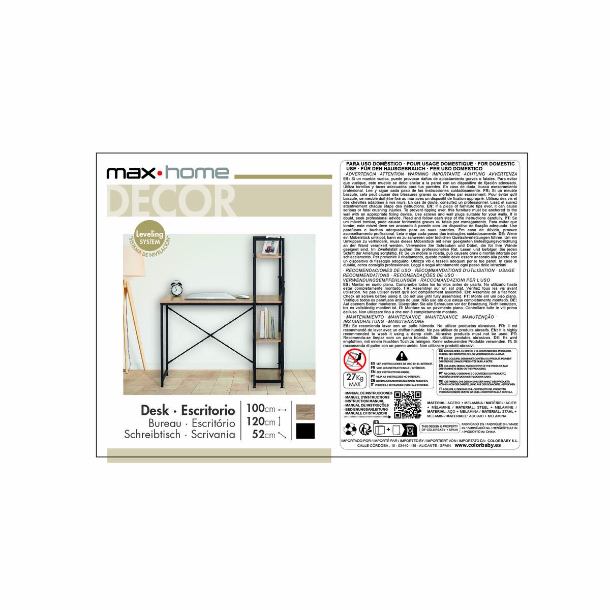 Desk with Shelf Max Home Steel Melamin Particleboard 100 x 120 x 52 cm