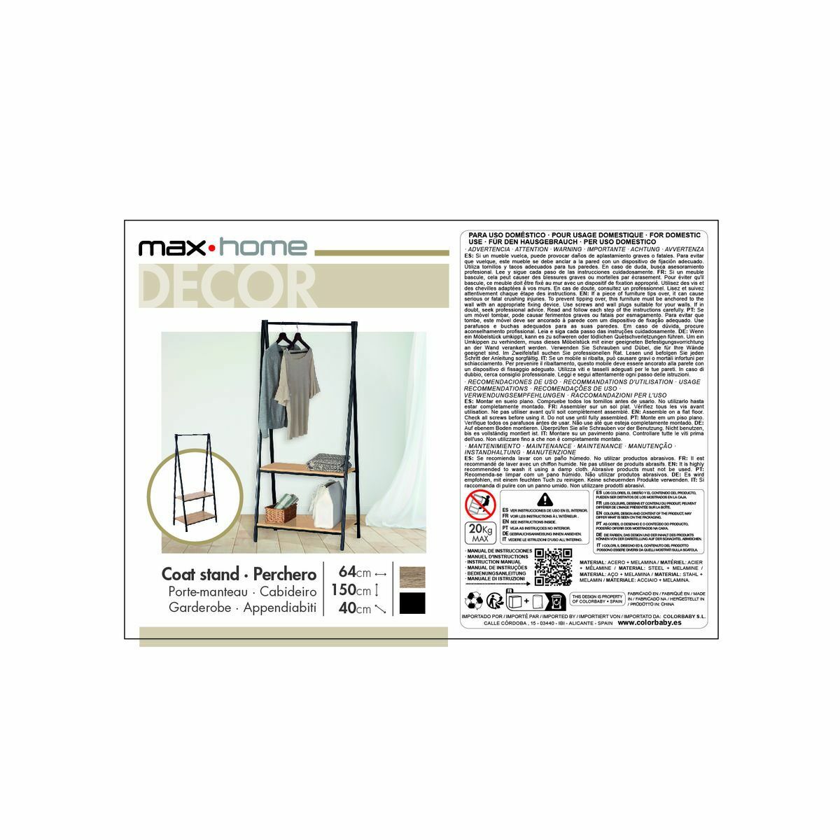 Coat rack with shelf Max Home Steel Melamin Particleboard Minimalist 64 x 150 x 40 cm