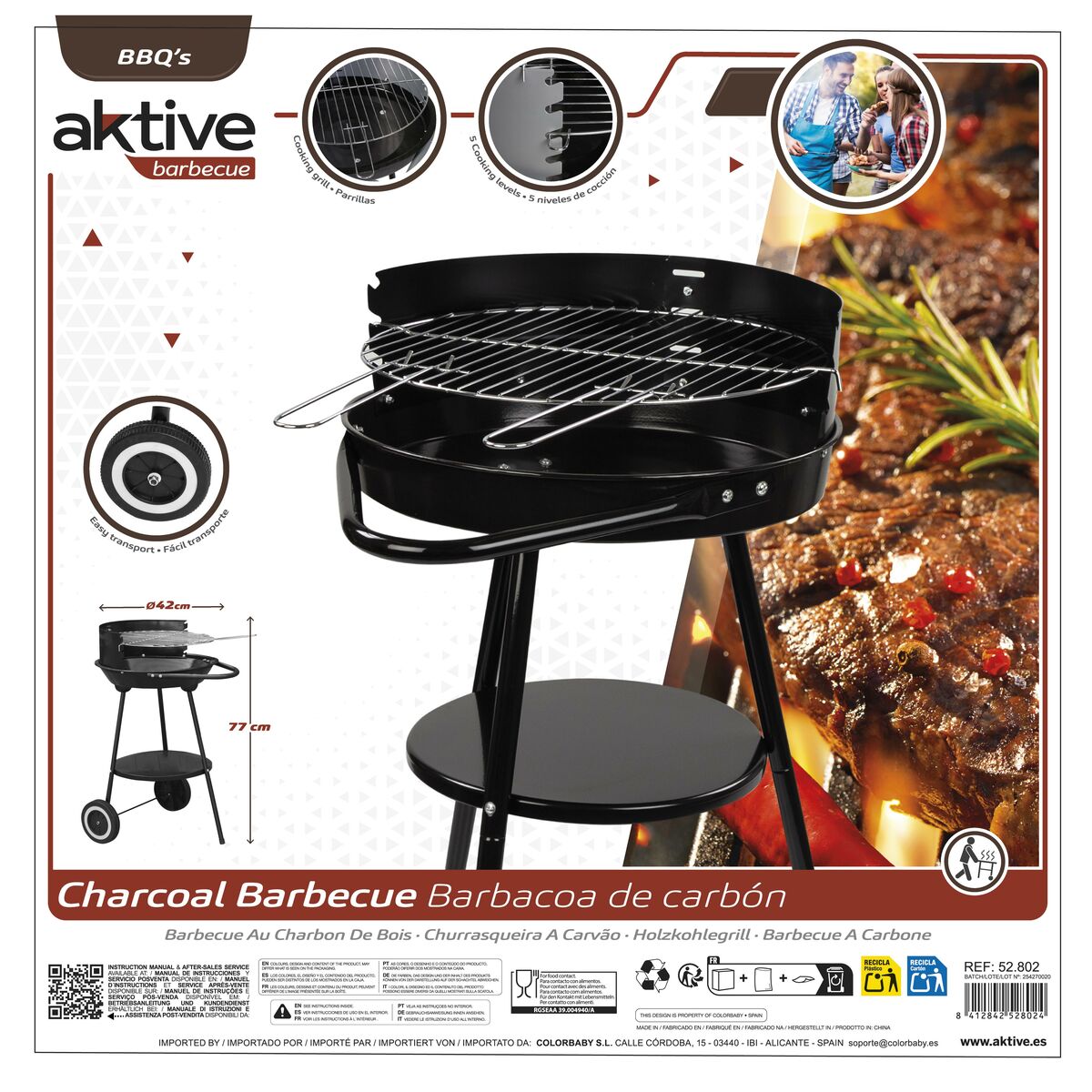 Coal Barbecue with Wheels Aktive Textilene 42 x 76,5 cm Black
