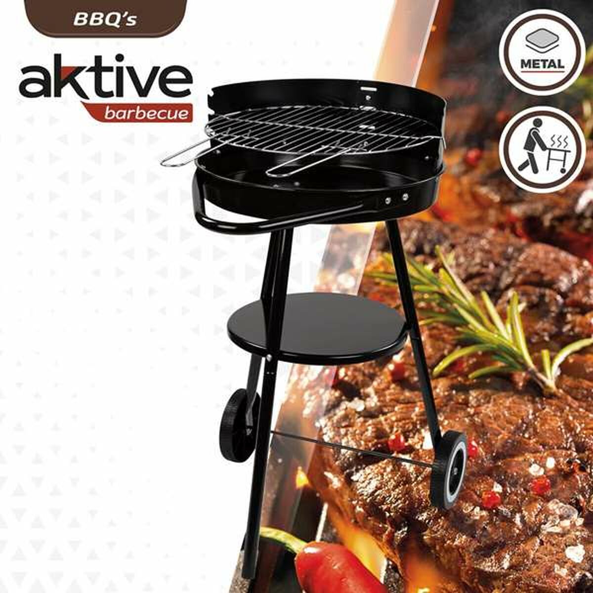 Coal Barbecue with Wheels Aktive Textilene 42 x 76,5 cm Black