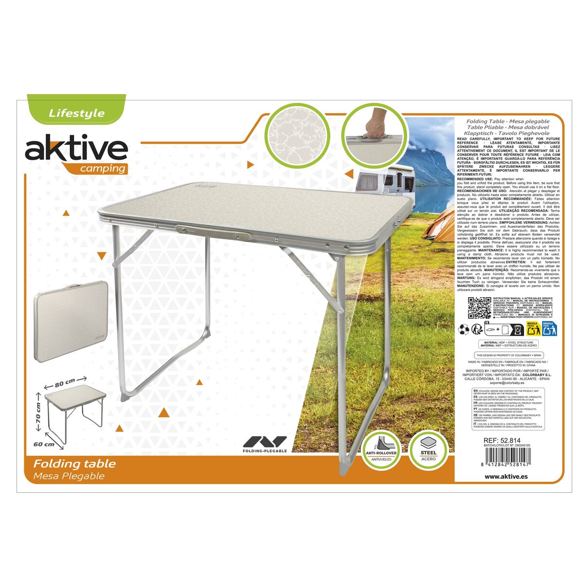 Folding Table Aktive White Steel MDF Wood 80 x 60 x 70 cm