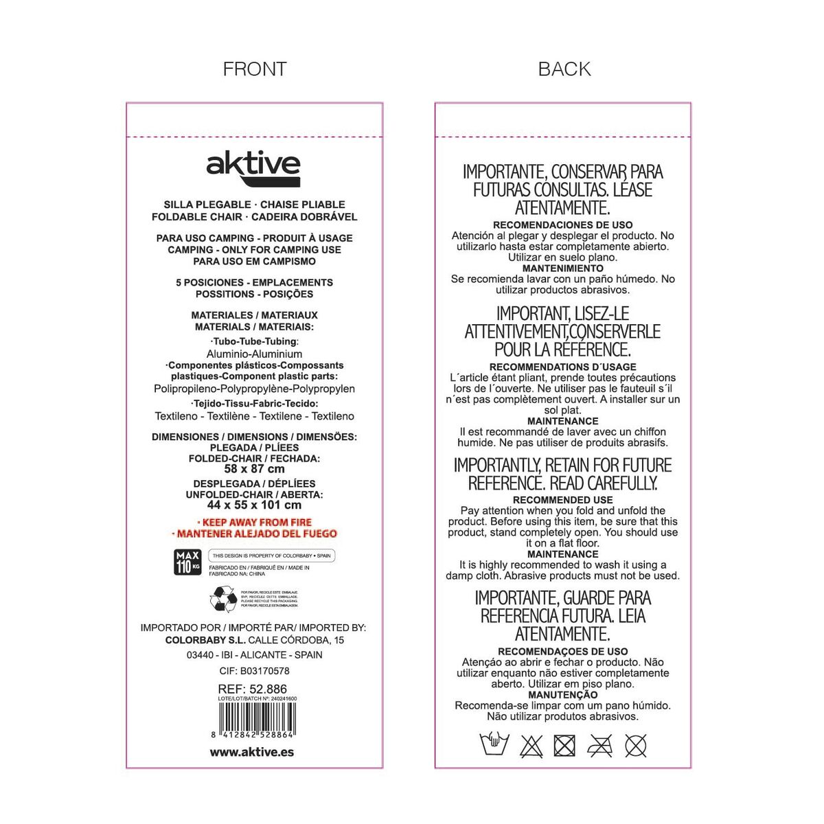 Folding Chair with Headrest Aktive Black 44 x 55 x 101 cm