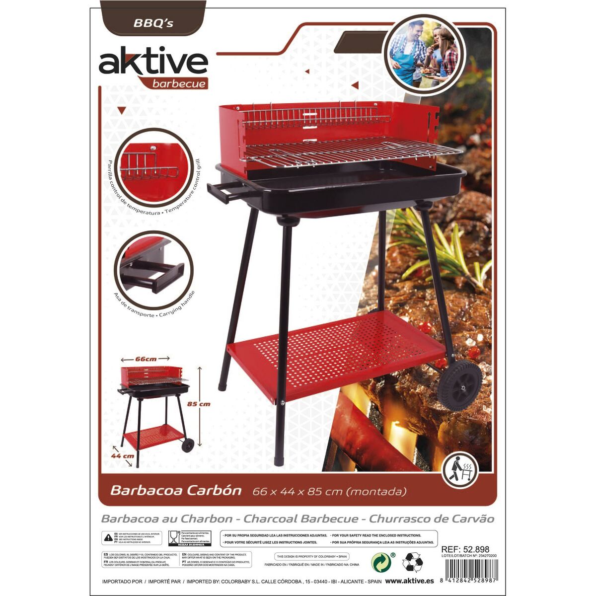 Coal Barbecue with Wheels Aktive Steel Plastic Enamelled Metal 66 x 85 x 44 cm Red