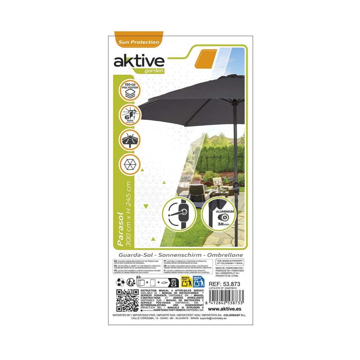 Parasol Aktive Anthracite  3,8 cm 300 cm Aluminium