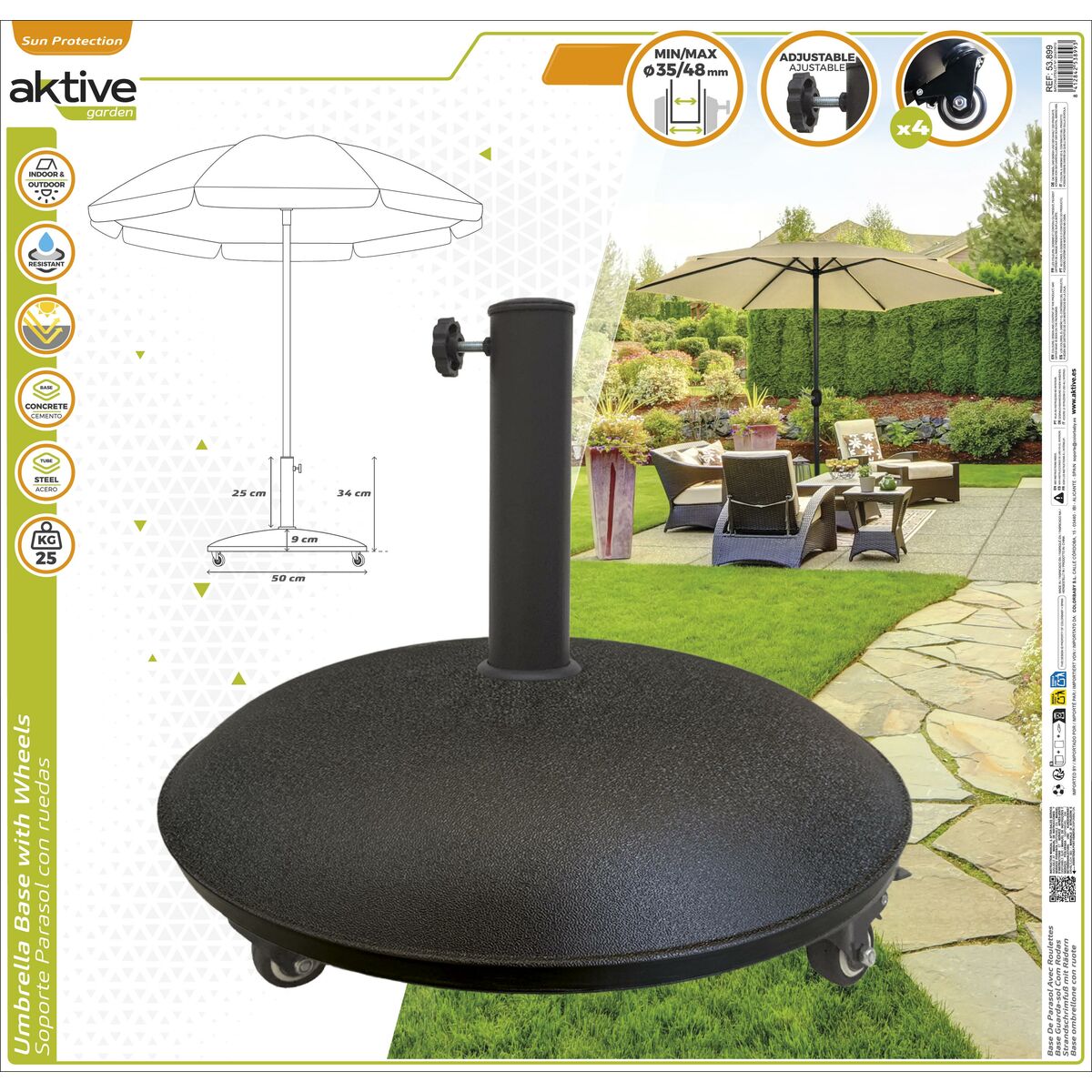 Base for beach umbrella Aktive Black 25 kg With wheels