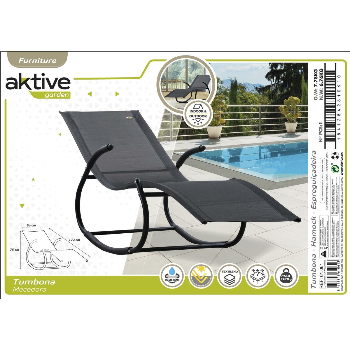 Sun-lounger Aktive 172 x 75 x 53 cm Black