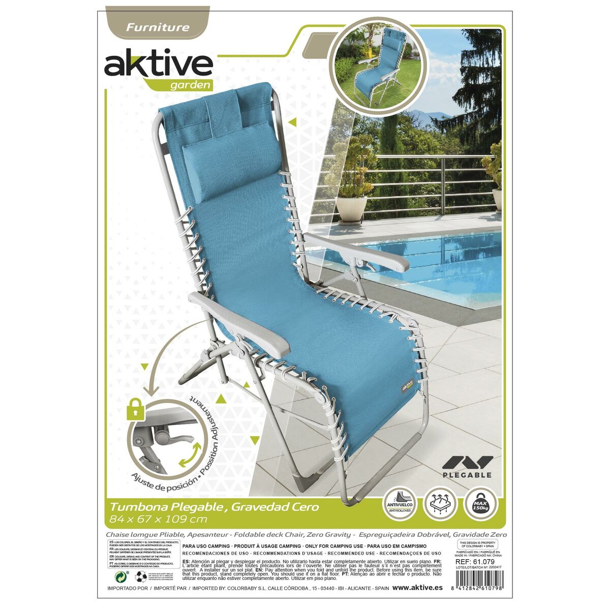Sun-lounger Aktive textilene Blue 160 x 76 x 52 cm