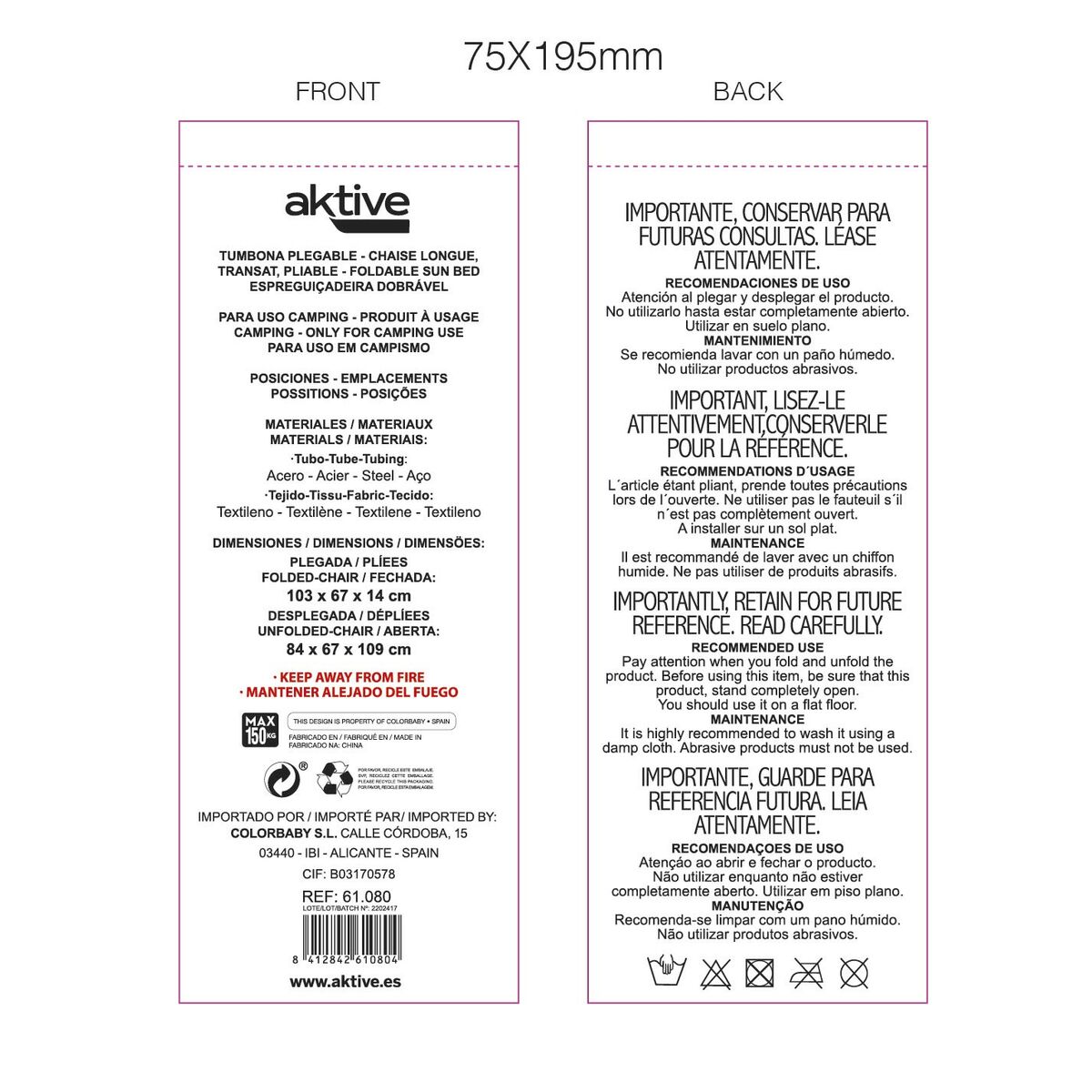 Sun-lounger Aktive textilene Orange 160 x 76 x 52 cm