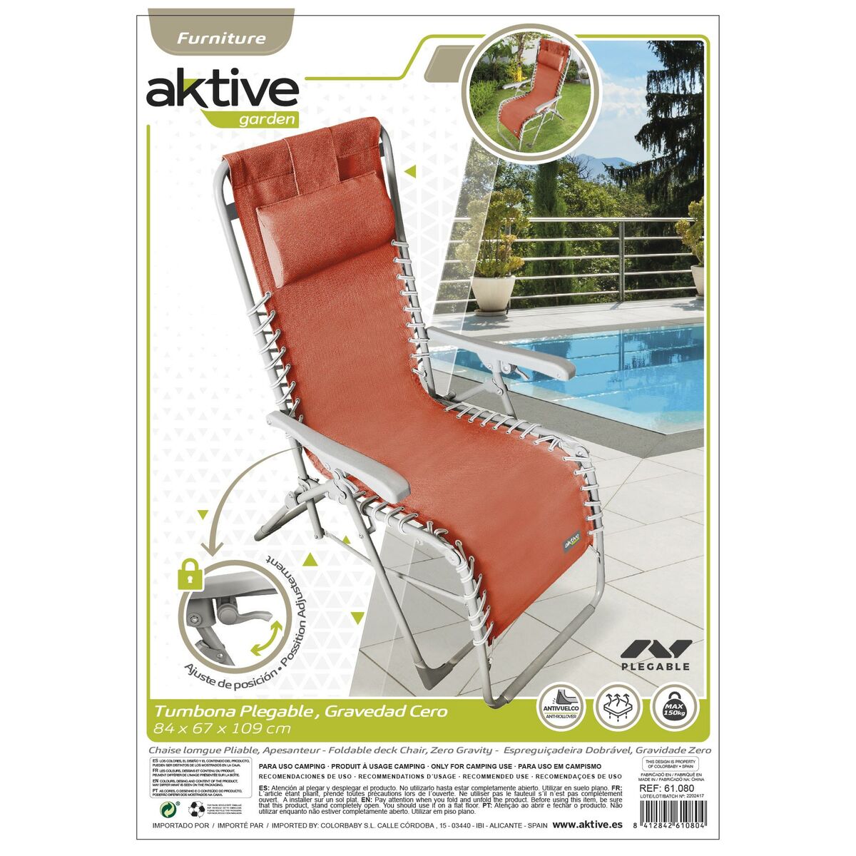 Sun-lounger Aktive textilene Orange 160 x 76 x 52 cm