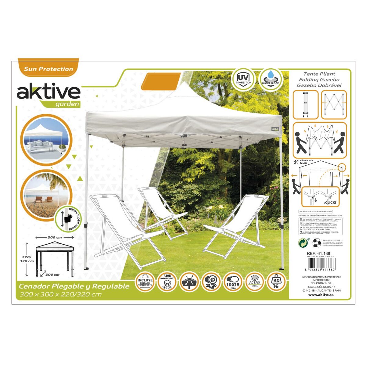 Gazebo Aktive Foldable Adjustable height Steel Polyester 420D Oxford White 300 x 320 x 300 cm
