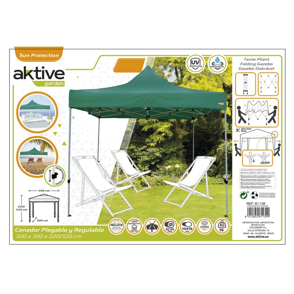 Gazebo Aktive Foldable Adjustable height Steel Polyester 420D Oxford Green 300 x 320 x 300 cm