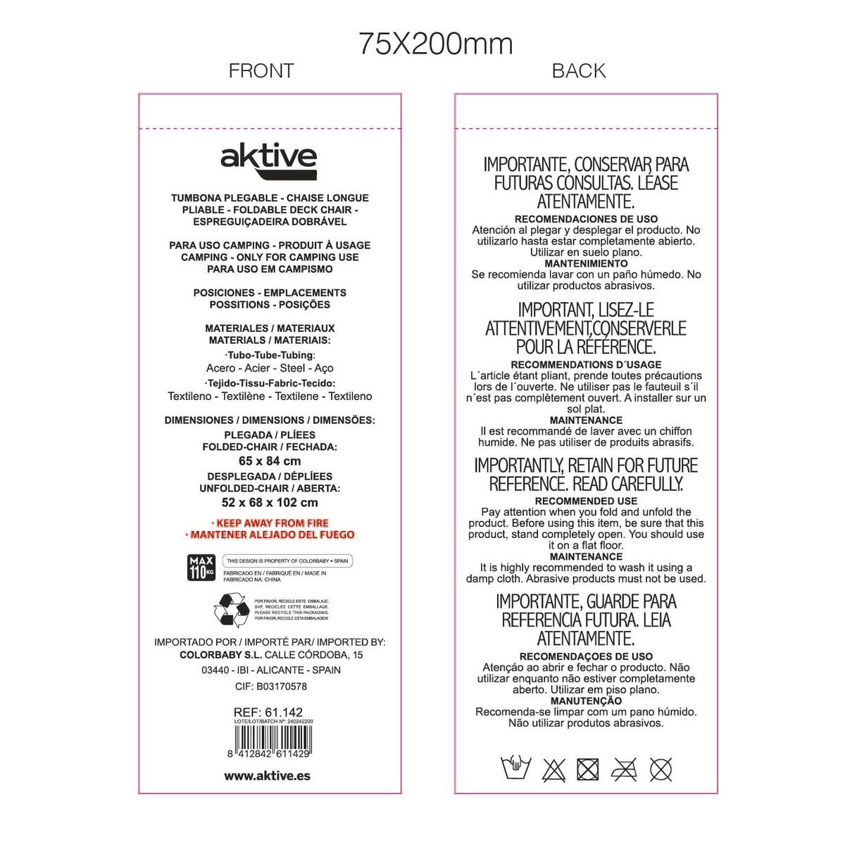 Sun-lounger Aktive Black 52 x 102 x 68 cm