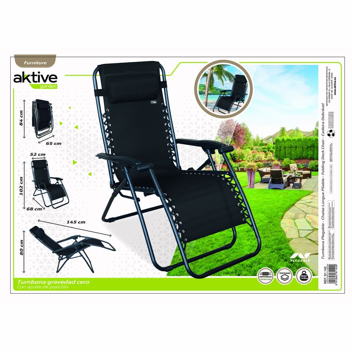 Sun-lounger Aktive Black 52 x 102 x 68 cm