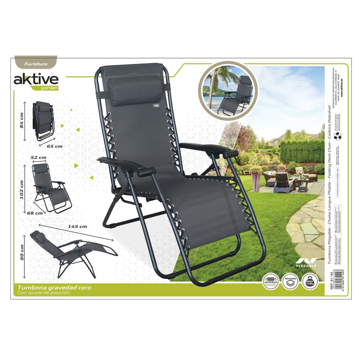 Sun-lounger Aktive Dark grey 52 x 102 x 68 cm