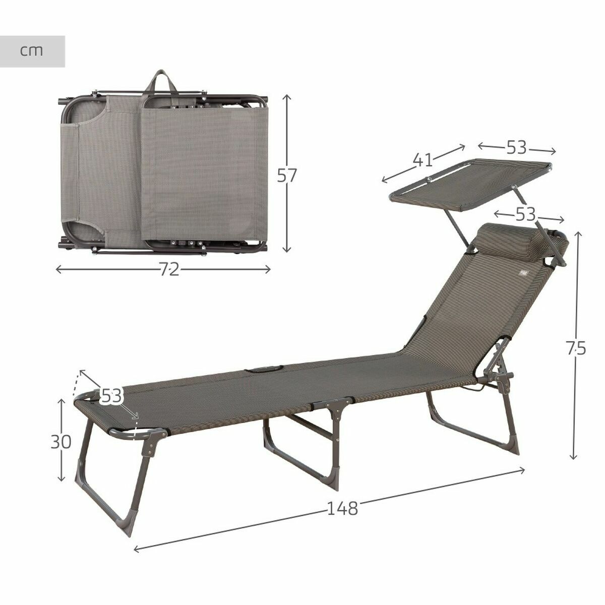 Sun-lounger Aktive Grey 193 x 53 x 30 cm Foldable Parasol