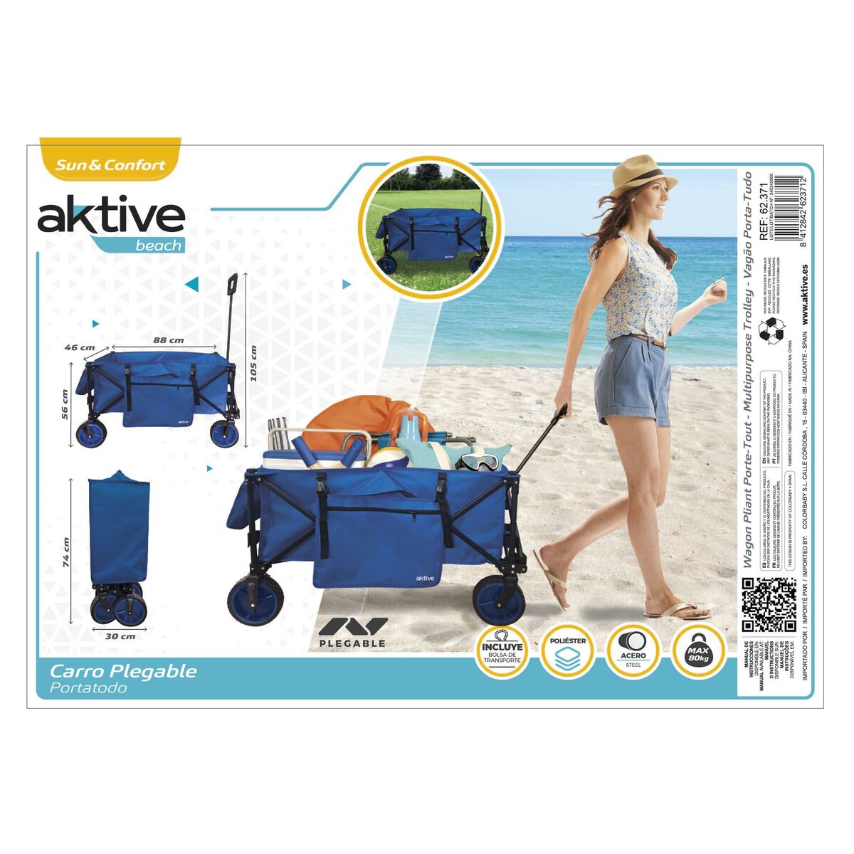 Multi-purpose Cart Aktive Blue Black Polyester PVC Steel 88 x 108 x 47 cm Foldable Beach