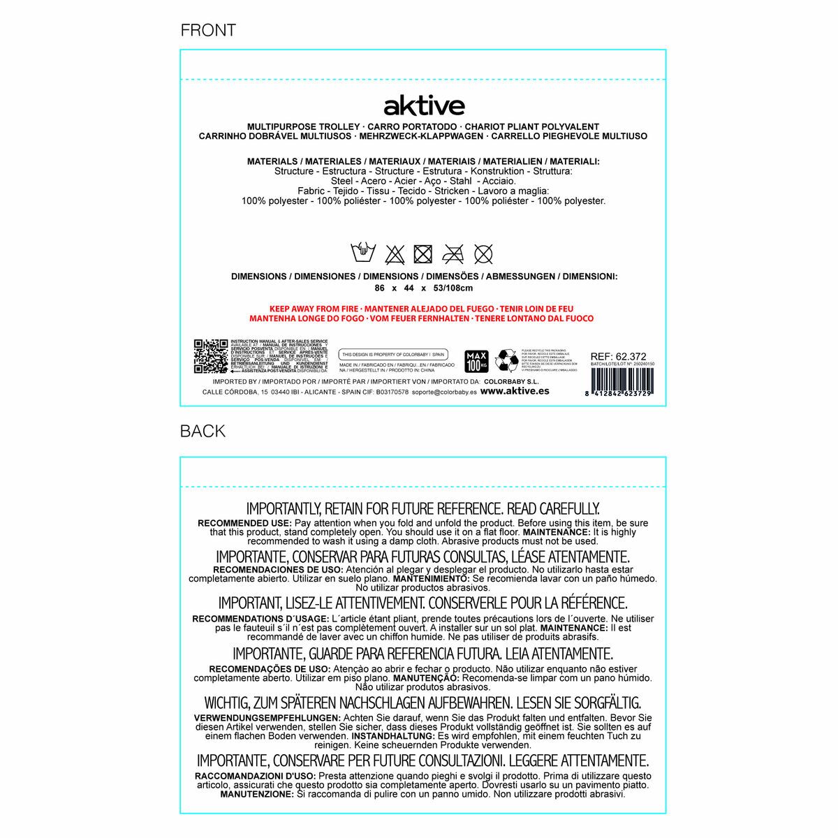 Multi-purpose Cart Aktive Orange Polyester PVC Steel 86 x 108 x 44 cm Foldable Beach