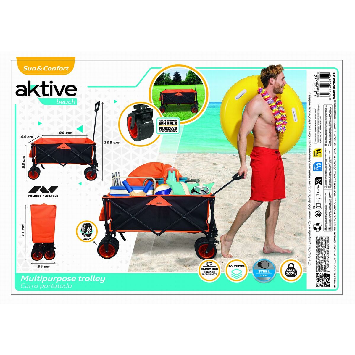 Multi-purpose Cart Aktive Orange Polyester PVC Steel 86 x 108 x 44 cm Foldable Beach