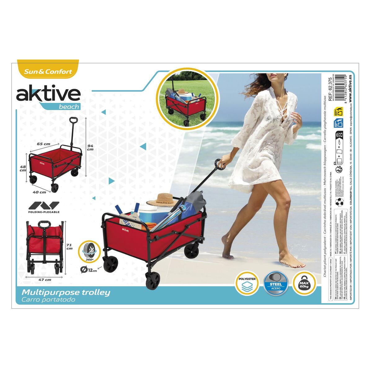 Multi-purpose Cart Aktive Red Polyester Steel 65 x 94 x 40 cm Foldable Beach