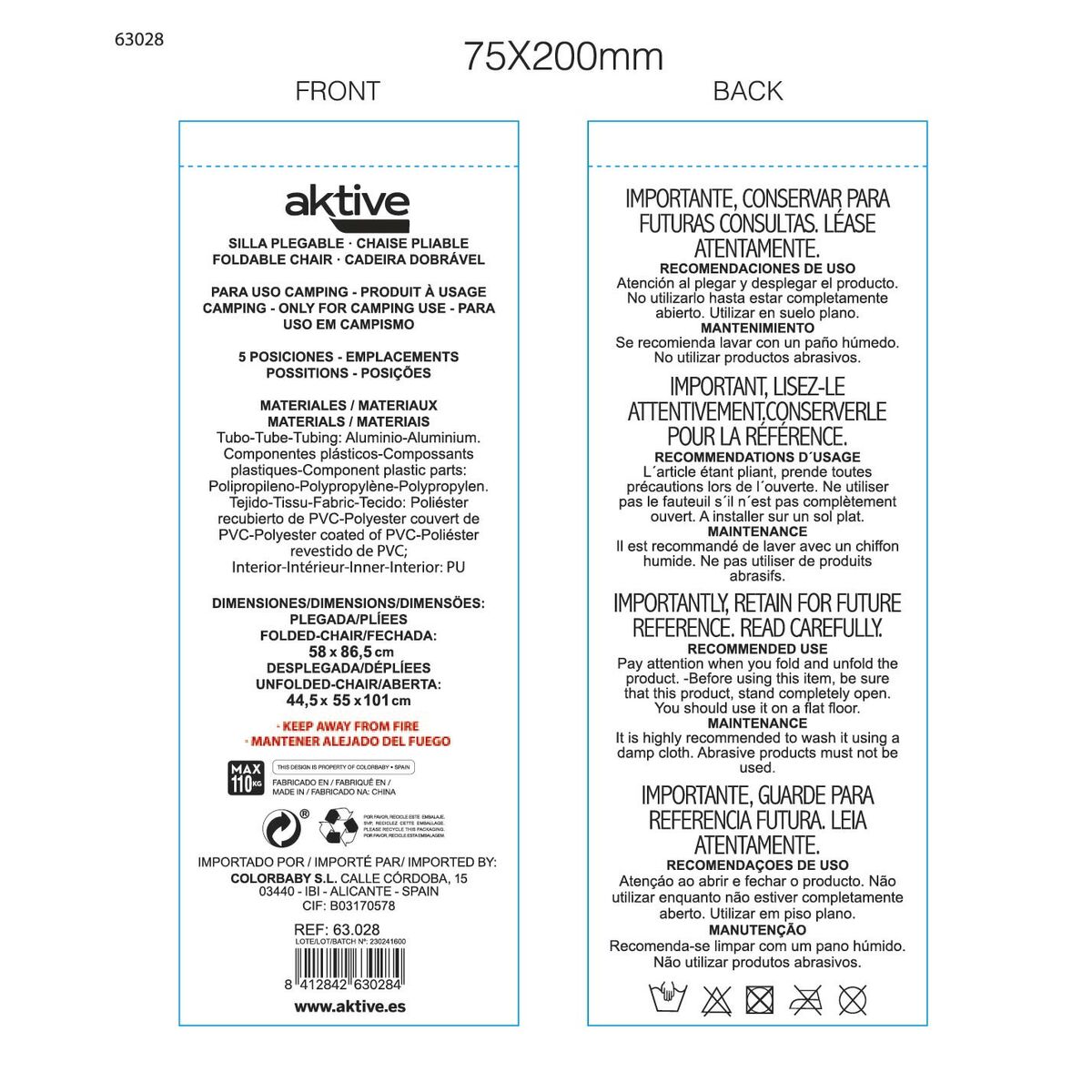 Folding Chair Aktive Reclining Grey 44 x 101 x 55 cm