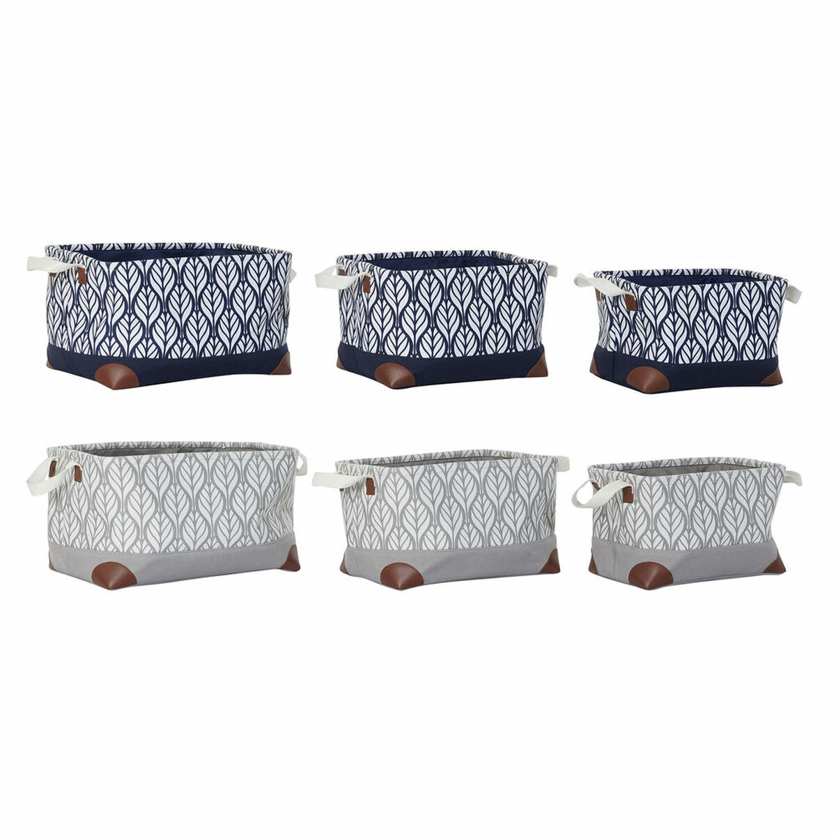 Multi-purpose basket DKD Home Decor White Brown Grey Navy Blue Leaf of a plant Boho 40 x 30 x 24 cm Plastic 3 Pieces (2 Units)