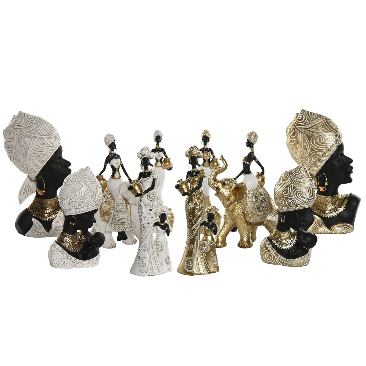 Decorative Figure Home ESPRIT White Black Golden African Woman 22 x 11 x 37 cm (2 Units)
