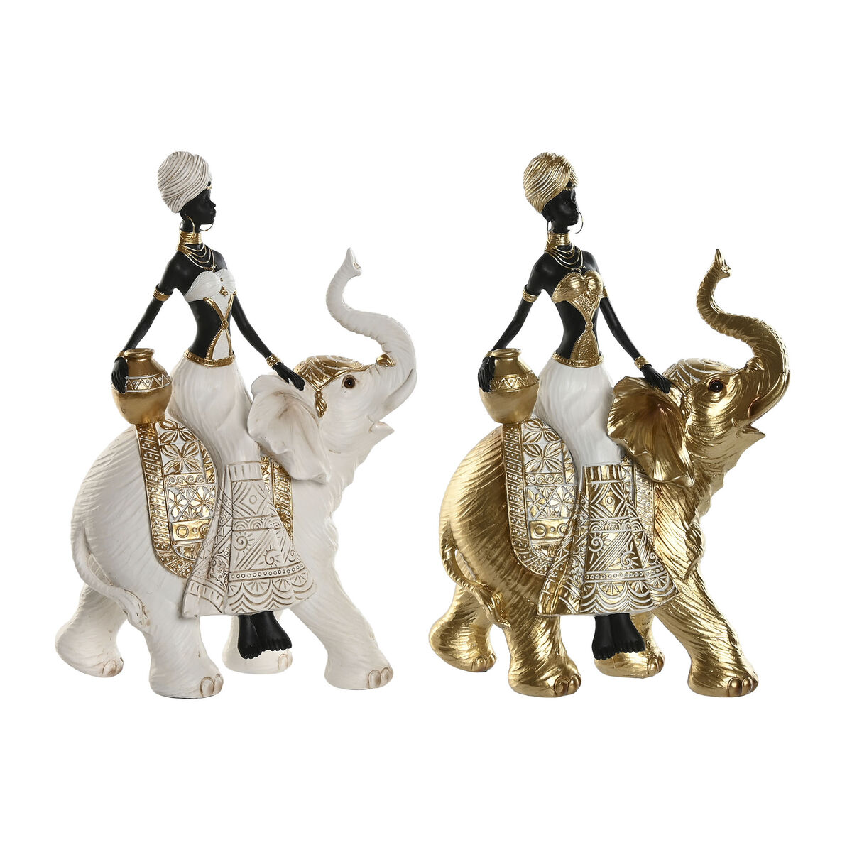 Decorative Figure Home ESPRIT White Black Golden Elephant African Woman 21 x 11 x 32 cm (2 Units)