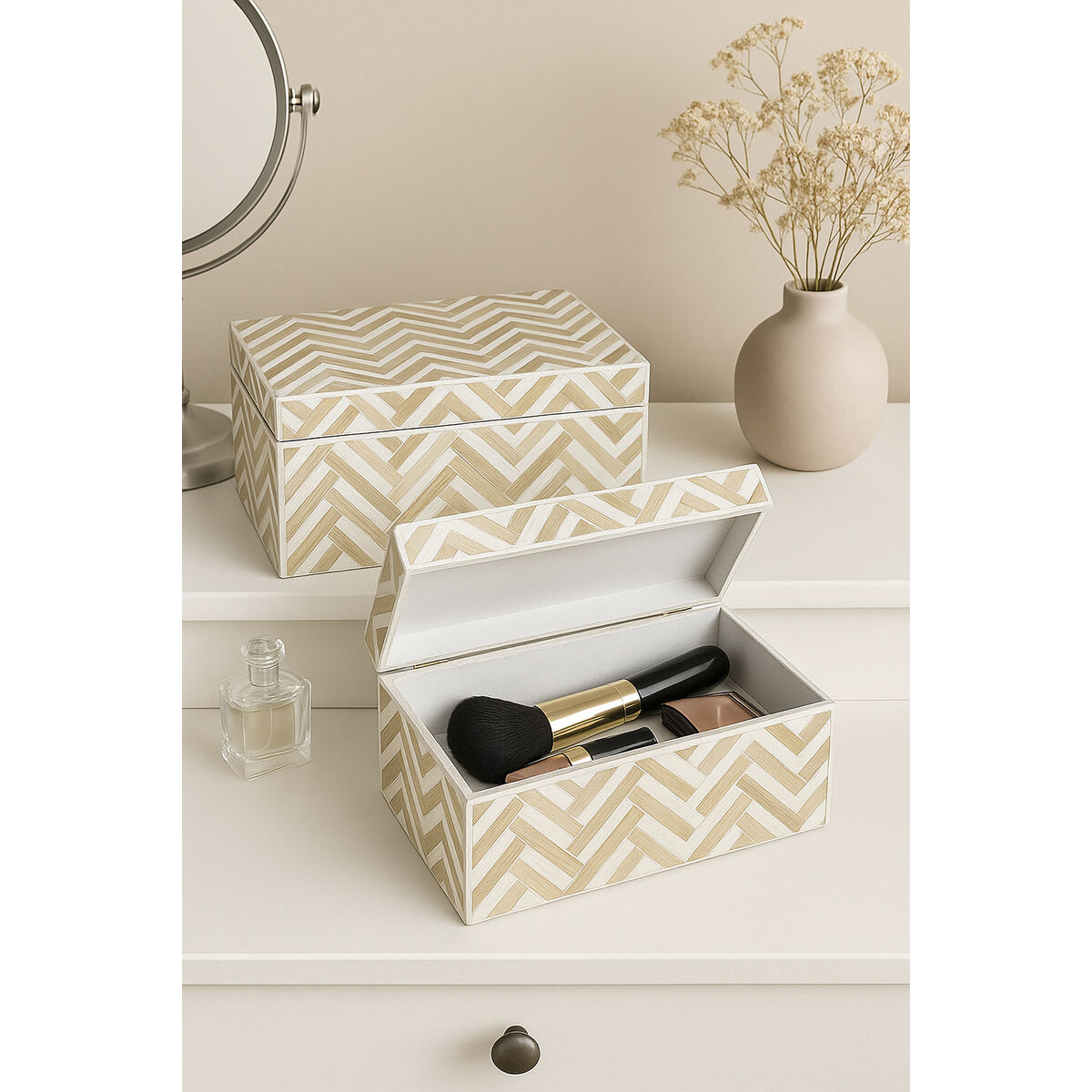 Set of decorative boxes Home ESPRIT White Brown Resin Bamboo 30 X 16 X 12 CM (2 Units)