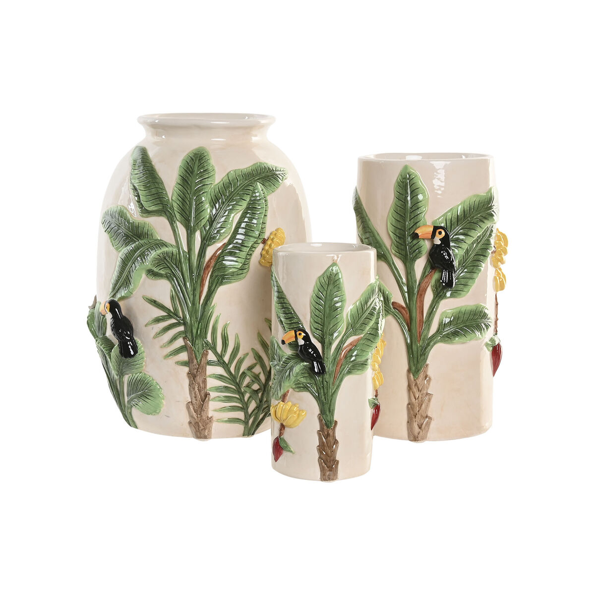Vase Home ESPRIT Green Beige Ceramic Birds Tropical 12 x 12 x 22 cm