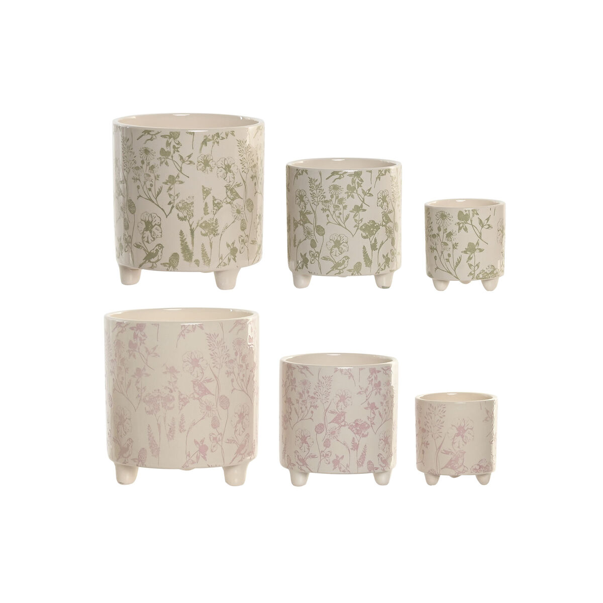 Planter Home ESPRIT White Green Pink Ceramic Flowers Shabby Chic 13,7 X 13,7 X 14,7 CM (3 Pieces) (2 Units)