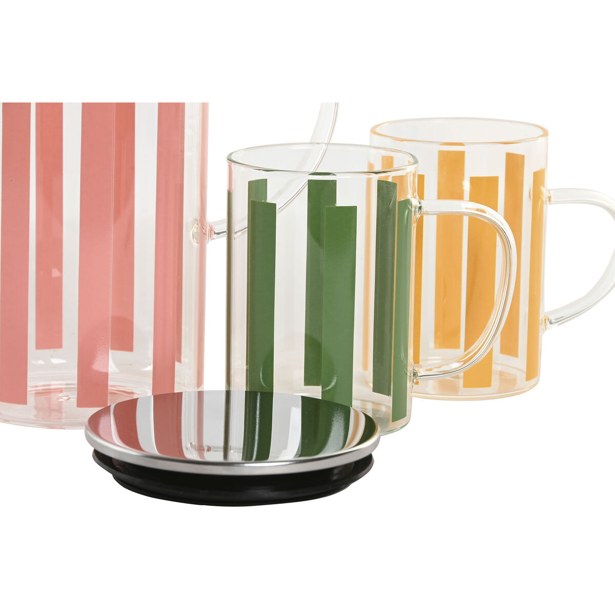 Jug and glasses set Home ESPRIT Yellow Green Coral Stainless steel Crystal Stripes Modern