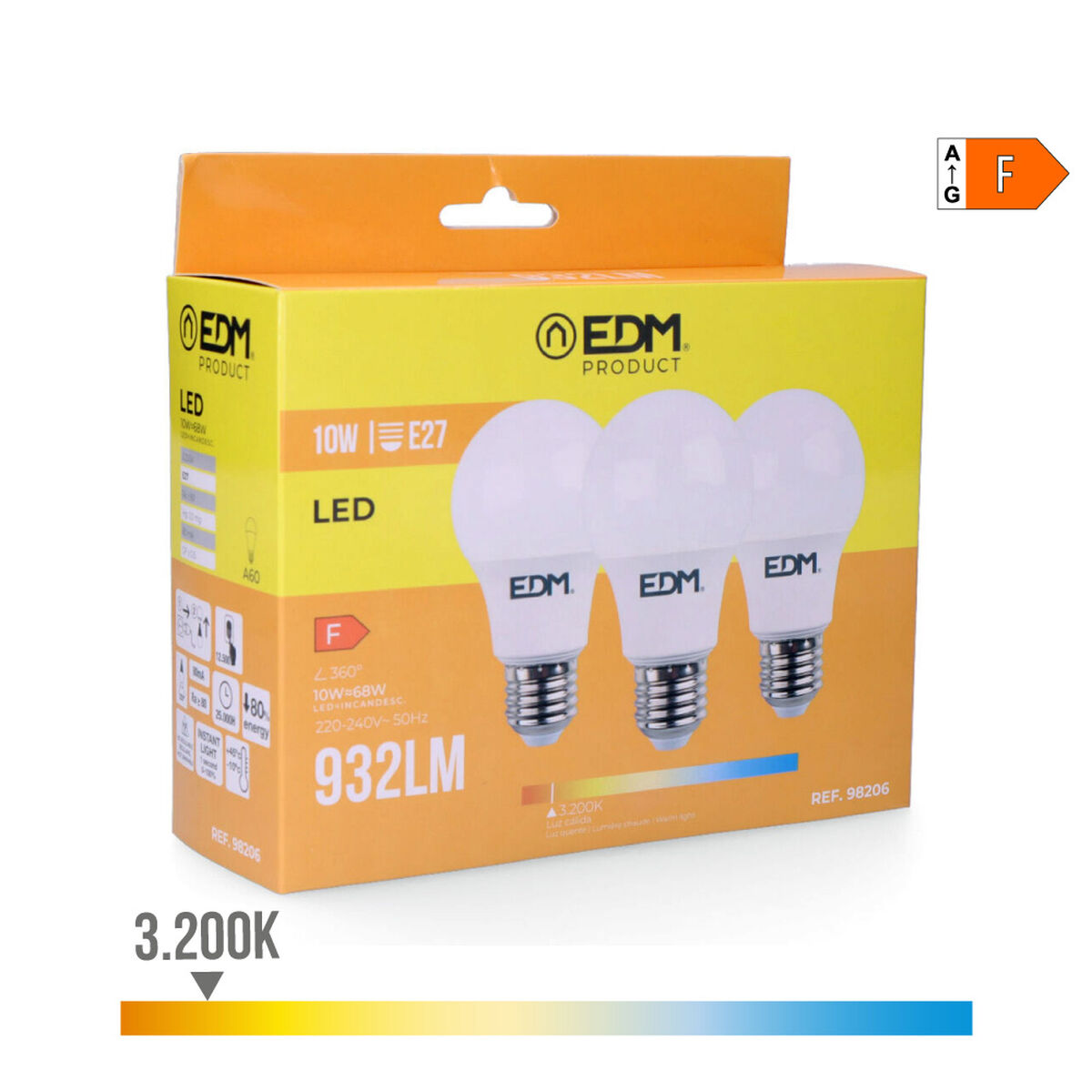 Pack of 3 LED bulbs EDM 98206 F 60 W 10 W 68 W E27 810 Lm 932 Lm Ã 6 x 10,8 cm (3200 K)