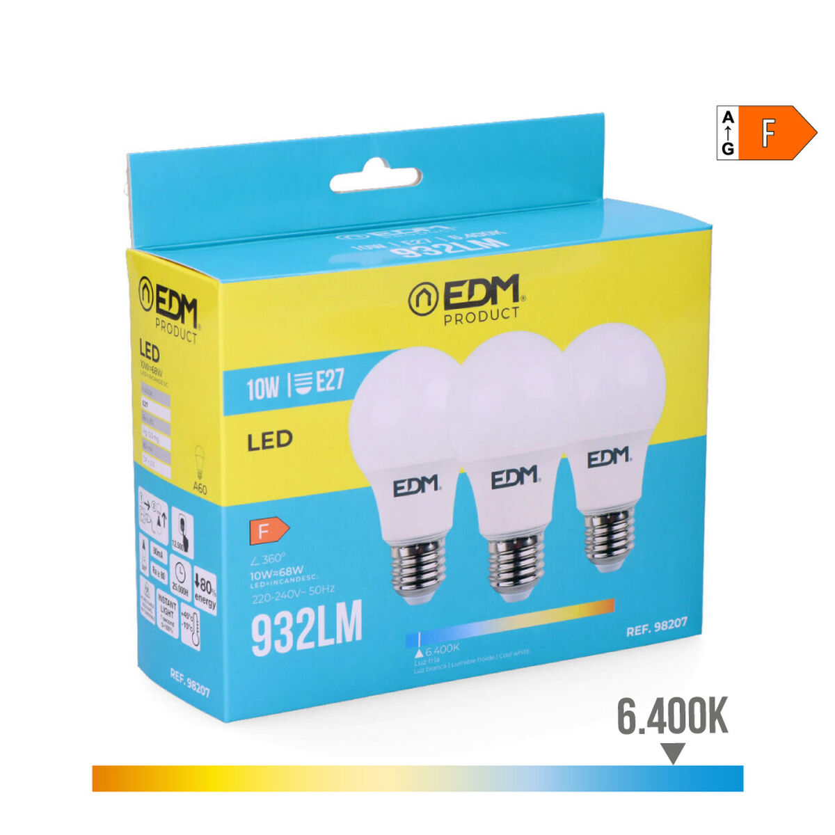 Pack of 3 LED bulbs EDM 98207 F 60 W 10 W 68 W E27 810 Lm 932 Lm Ã 6 x 10,8 cm (6400 K)