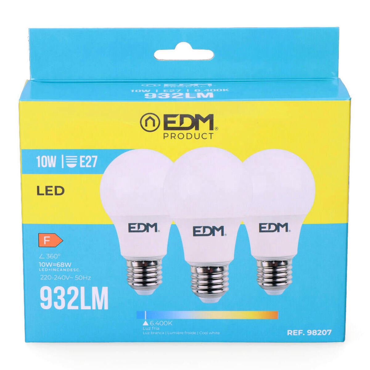 Pack of 3 LED bulbs EDM 98207 F 60 W 10 W 68 W E27 810 Lm 932 Lm Ã 6 x 10,8 cm (6400 K)