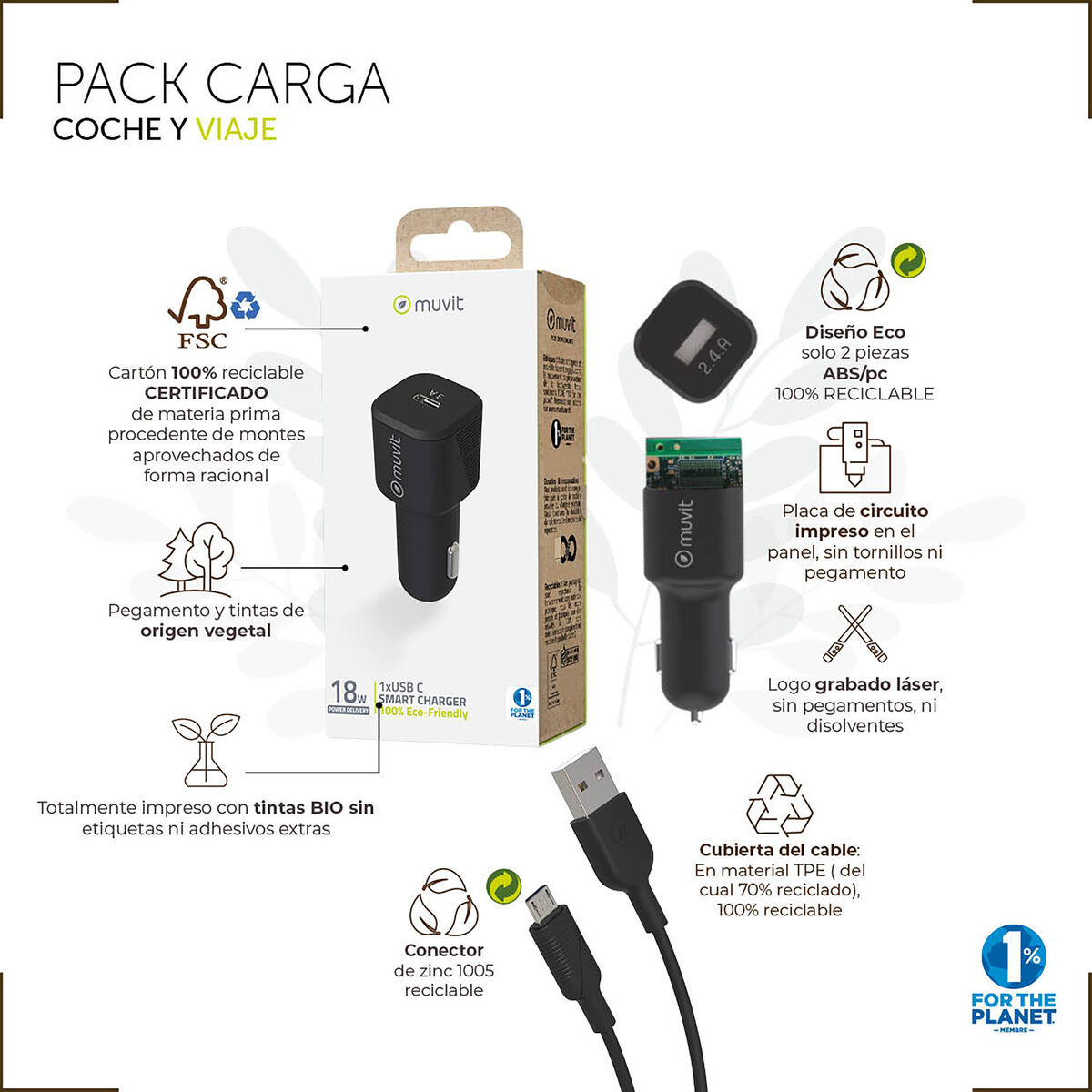 Car Charger Muvit for Change 1,2 m Black
