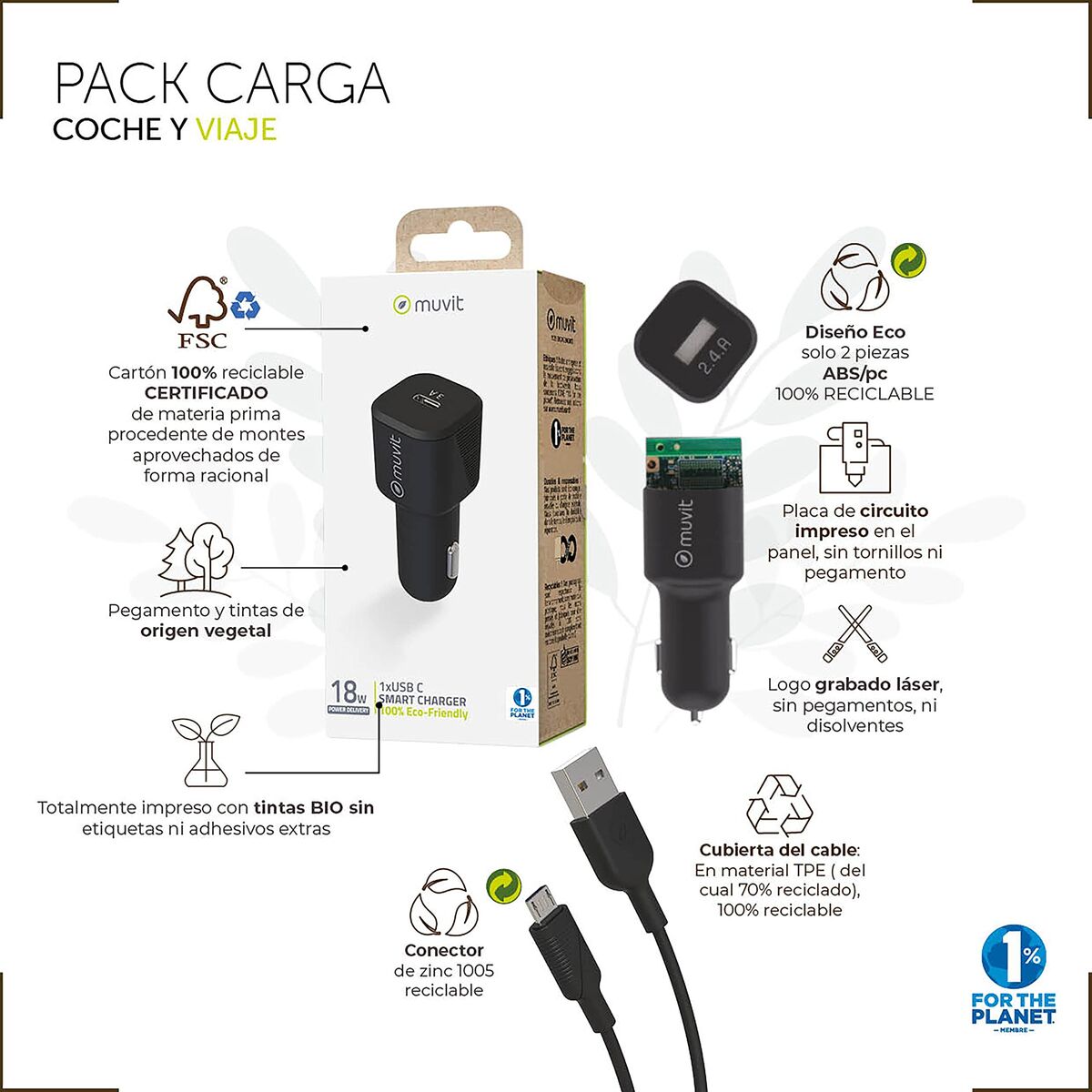 Car Charger Muvit for Change 1,2 m Black